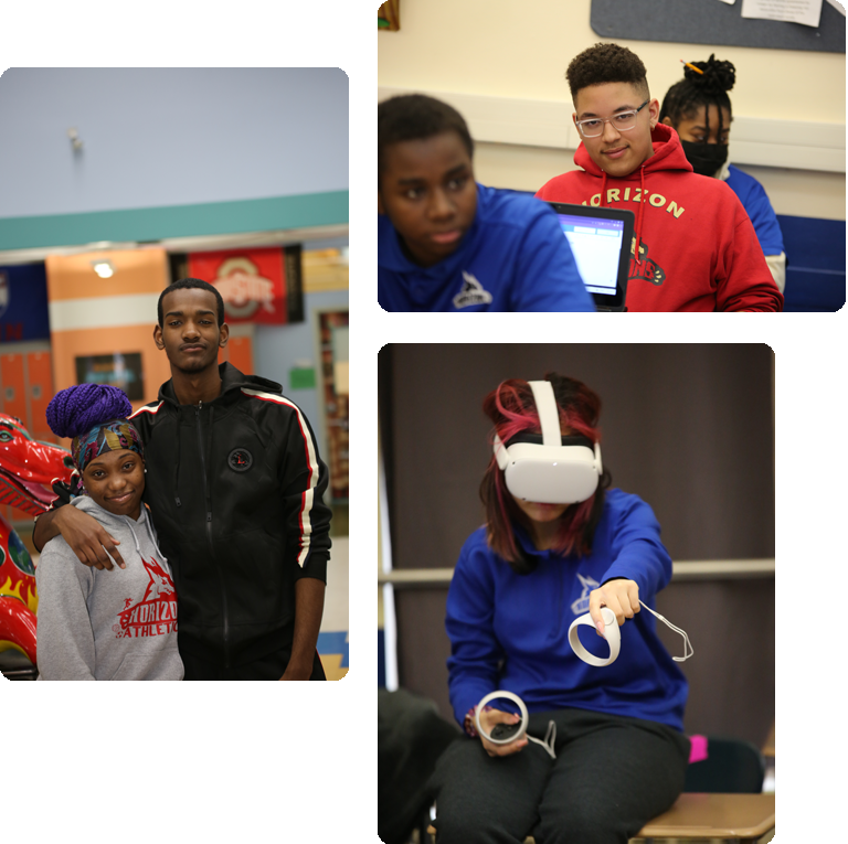 Students engaged in learning and interacting in a classroom collage